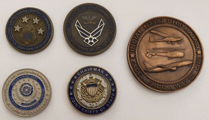 Coins of appreciation from US Central Command, a US Air Force group in Kuwait, US Army Criminal Investigation Command, the Chairman of the Joint Chiefs of Staff and the Indian Navy, 2007&ndash;2024