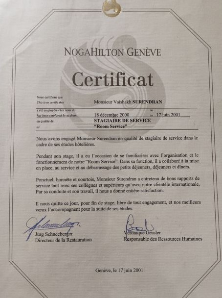Noga Hilton Gen&egrave;ve training certificate for a Room Service trainee, December 2000 to June 2001