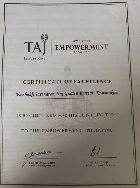 Taj Award for Empowerment certificate of excellence, Taj Garden Retreat Kumarakom, 2006&ndash;07